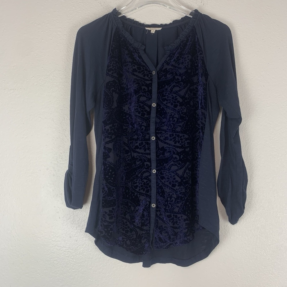 Mystree Navy Blue Velvet Front Button Blouse